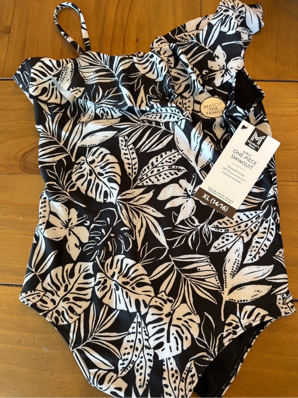 Girls Black & White Tropical One-Piece Swimsuit - XL